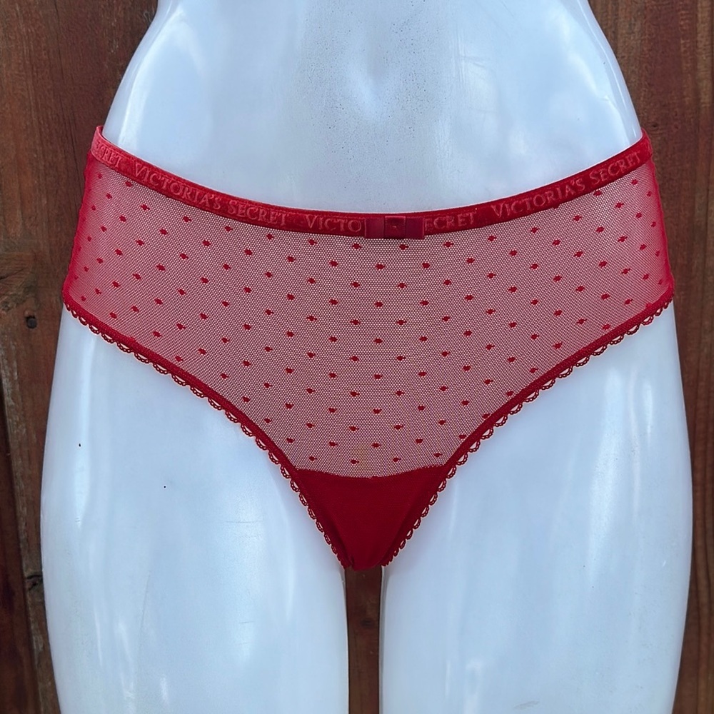 VS Very Sexy Red Point d’Esprit Mesh Strappy Cheeky Panty Logo Waistband S NWT